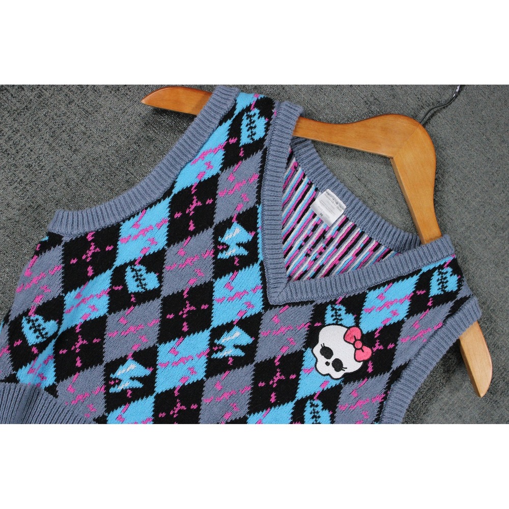 Monster High Argyle Sweater Vest Blue Black Grey Skullette Cropped Knit Medium